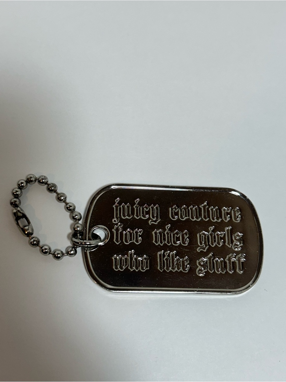 Juicy Couture Y2K Large Silver Chrome Dog Tag Charm Hang Tag FOB Ball Chain